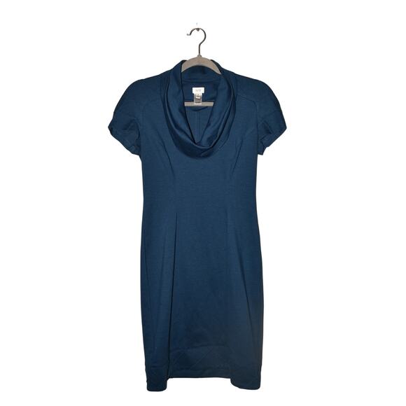 CACHE $178 Blue Short Sleeve Cowl Neck Sheath Dress Seam Detail Size 4 - Picture 1 of 4